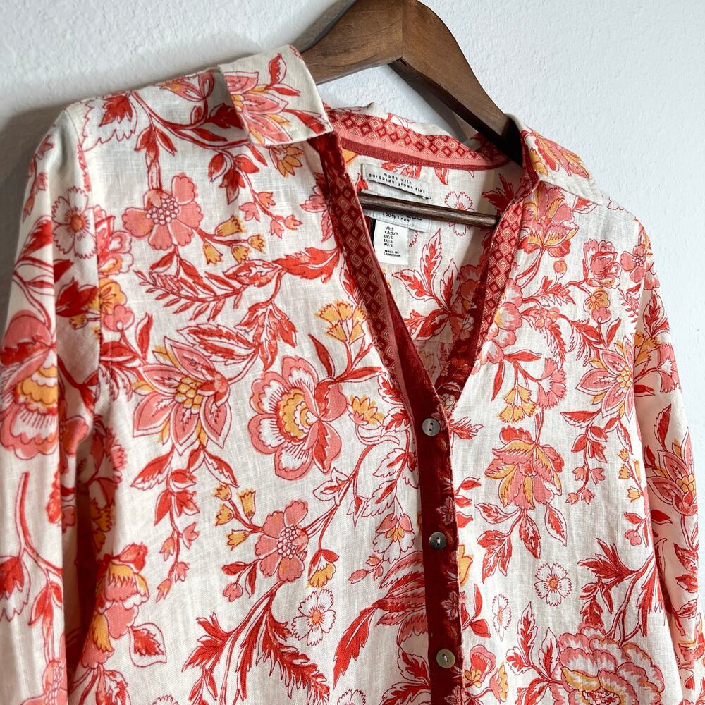 Rachel Zoe 100% Linen Floral Button Front Boho Shirt Top Small Red Salmon Coral - Picture 3 of 11